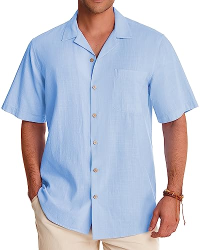 Image of Alimens & Gentle Mens Linen Shirts Cotton Hawaiian Shirts Short Sleeve Button Down Shirts Casual Summer Beach Tops