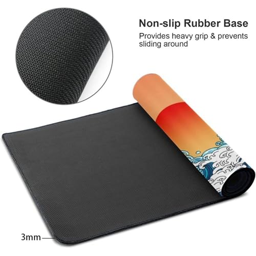 Image of Printed Gaming Mousepad - Premium Stitched Edges, Smooth Surface,Size 11x23 inches, Non-Slip Rubber Base - Ideal for Office & Gaming Setup (Vintage Japanese Ocean Wave Sunrise)