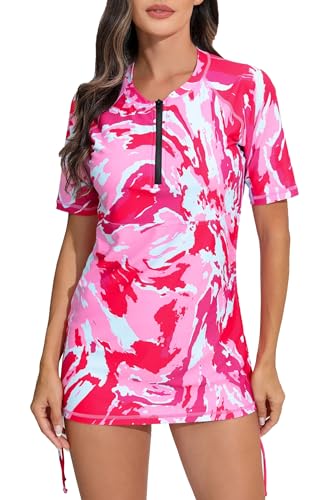 Halcurt NR0001567 Women'S Front Half Zip Short Sleeve Rash Guard Padded Side Drawstring Adjustable Bathing Suit Top Hot Pink Xxl cover