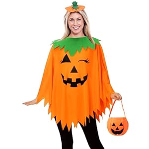3PCS Halloween Pumpkin Costume for Women,Pumpkin Poncho for Adults with Headband & Bag,Halloween Costume for Women
