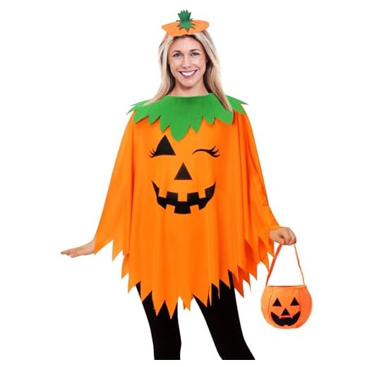 WISHTEN 3PCS Halloween Pumpkin Costume for Women,Pumpkin Poncho for Adults with Headband & Bag,Halloween Costume for Women