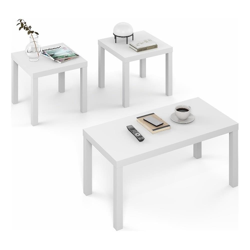 Furinno Classic living room table set of 3 in white with rectangular coffee table and two side tables