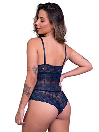 Body Feminino Sexy Renda Transparente Paola Tamanho:M;Cor:Azul Escuro;Gênero:Mulher