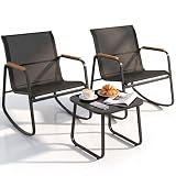 YITAHOME 3 Piece Rocking Bistro Set, Outdoor Patio Furniture Set with Wooden Armrests, Porch Chairs Set with Glass Table for Lawn, Garden, Balcony, Poolside, Dark Gray