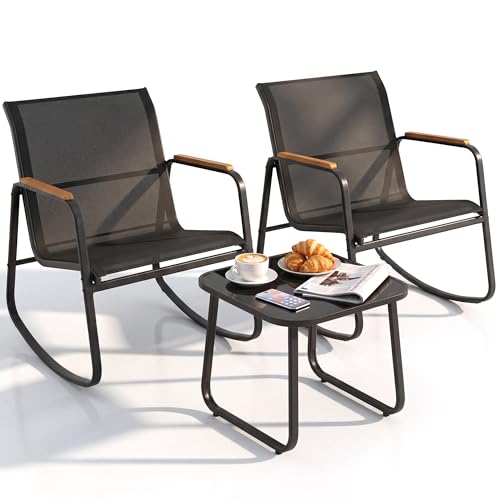 YITAHOME 3 Piece Rocking Bistro Set, Outdoor Patio Furniture Set with Wooden Armrests, Porch Chairs Set with Glass Table for Lawn, Garden, Balcony, Poolside, Dark Gray by YITAHOME - Used condition - US$78.32