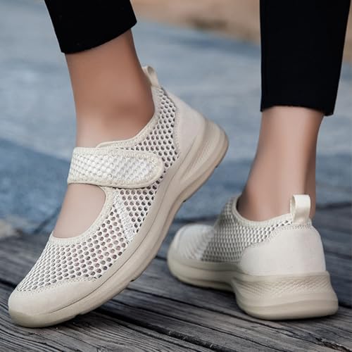 Women's Breathable Mesh Mary Jane Walking Shoes Adjustable Hook and Loop Lightweight Nurse Work Flats Daily Non-Slip Mom Casual Shoes 6