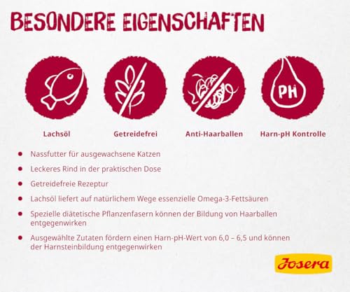 JOSERA Nassfutter Beef (12 x 85 g) | Adult | Premium Katzenfutter nass für ausgewachsene Katzen | Rind | mit Lachsöl | getreidefrei | gegen Harnsteinbildung und Haarballen | Alleinfutter | 12er Pack