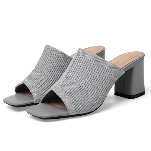 Image of Tilocow Knit Heeled Sandals for Women Square Open Toe Heeled Mules Chunky Block Low Heel Slip On Slides