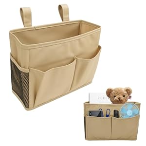 kelav Bett Organizer zum Einhängen,5-Fach Betttasche 30x20cm Beige,Baumwoll-Leinen Hänge-Organizer für Babybett,Campingstuhl & Reise,Nachhaltiger Hängespeicher mit Klettband