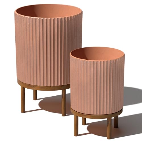 Image of Veradek Demi Series Raised Duo Planters - Set of 2 Planters with Stands | Made From a Durable Plastic-Stone Composite & Comes With Wooden Stand. Modern Porch /Patio Decor