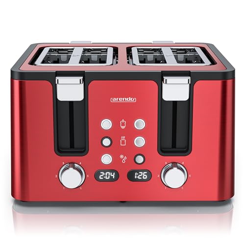 Arendo - Toaster 4 Scheiben Edelstahl - mit Brötchenaufsatz - 4 Schlitze - LED Anzeige Restzeitanzeige Doppelwandgehäuse - Defrost Funktion - Krümelschublade - 6 Bräunungsgrade - Rot