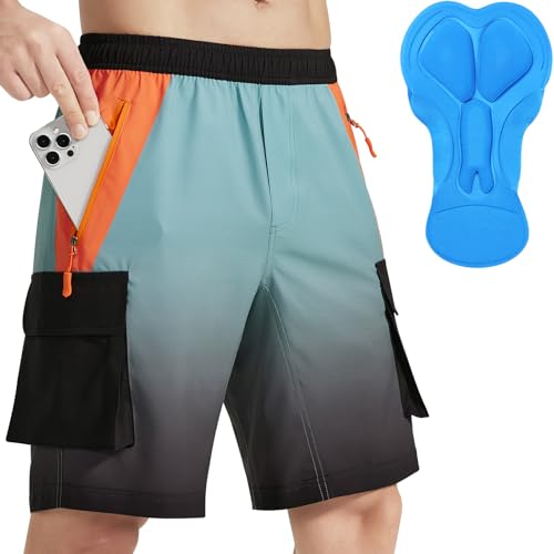 Men's Mountain Bike Shorts 3D Padded Bicycle MTB Shorts Loose-fit Lightweight MTB Cycling Shorts (Orange/Green Gradient-S)