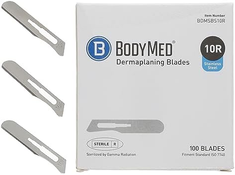 BodyMed Dermaplaning Blades #10R in Stainless Steel, 100 PCS - Sterile for Surgical, Skin Care, Hair Removal, and Podiatry Procedures with Rounded Tip for Estheticians