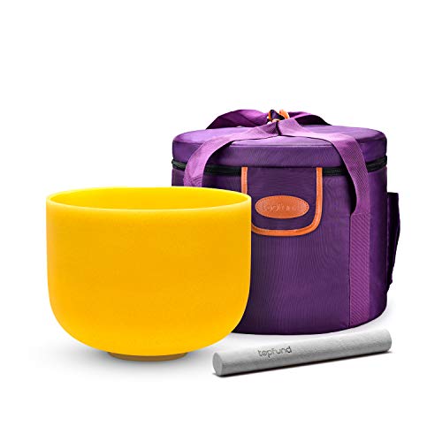 TOPFUND Yellow E Note Crystal Singing Bowl Solar Plexus Chakra 12 inch with Heavy Duty Carrying Case and Suede Mallet