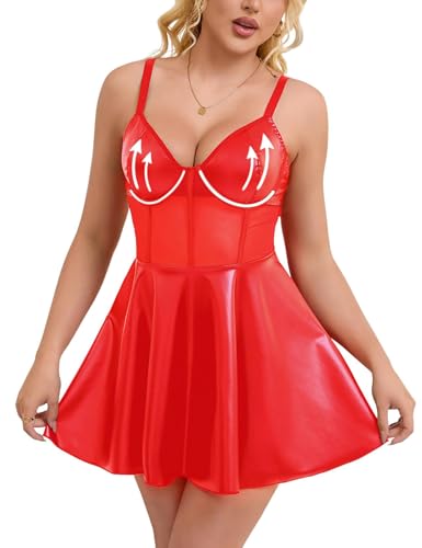 ohmydear Dessous Damen Sexy Reizwäsche Curvy Lederkleid Damen Elegant A Linie Partykleid Push Up Babydoll Kleid Sexy Große Größe Leather Lingerie...