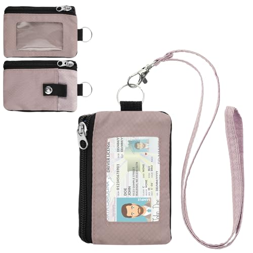 Image of Minimalist RFID Wallet with Lanyard, Multi-Functional ID Case with 2 Zipper Pockets and Key Chain for Men and Women, Tactical Badge Pouch Cards Holder, Coin Purse for Travel Sports - Gray&Pink