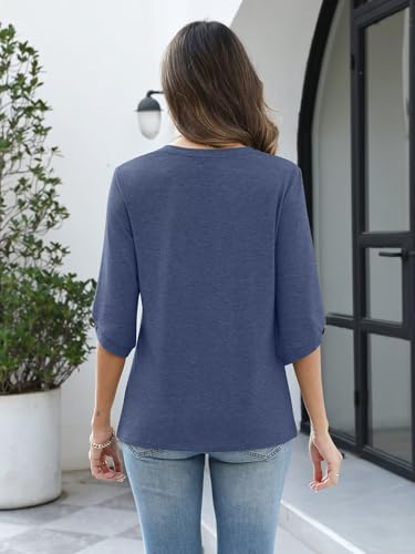 Image of TICTICMIMI Womens Tops 3 /4 Length Sleeve V Neck Casual Trendy Button Tunic Tops Summer Basic T-Shirts Loose Fit Pullover