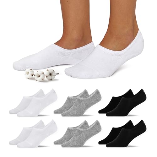Snocks Füßlinge für Damen und Herren aus Bio-Baumwolle 6 Paar - Rutschfeste und unsichtbare Sneakersocken - Kurze Socken Gr. 43-46 - Farbe Mix (Schwarz/Hellgrau/Weiß)