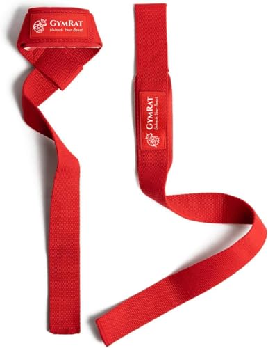 Image of GYMRAT Weight Lifting Straps with Padded Neoprene for Deadlifts, Strength Training, Gym Workouts - 22 inch Cotton Straps for Men & Women | Premium Fitness Gear (DEADLIFT STRAPS, RED)