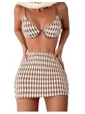 Floerns Women's 3 Piece Bathing Suit Allover Print Swimwear Bikini Swimsuit with Beach Skirt Coffee Brown Small