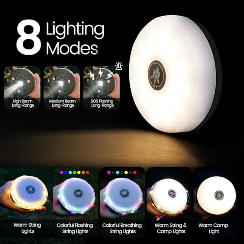 Image of BONZELLA Outdoor String Lights for Decoration 32.8FT,2 in 1 Rechargeable Camping String Light & LED Flashlight Torch with 8 Lighting Mode for Hiking,Tent, Portable USB Camping Lantern with Powerbank