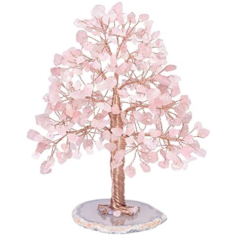 Amogeeli Healing Rose Quartz Crystal Stone Money Tree, Tumbled Stones Trees with Agate Slice Base Feng Shui Figurine for Home Office Decor Cover