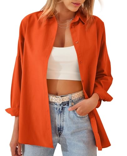 Image of MINTLIMIT Womens Blouses Casual Long Sleeve Button Down Shirt Oversized Cotton Work Office Blouses Top 2025, Orange