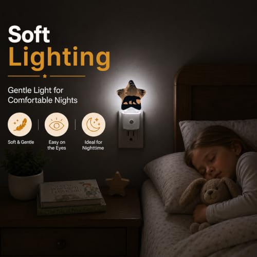 Image of Rustic Woodland Bear Plug in Star Night Light, Night Light with Sensor for Kids Nursery Bedroom, Decorative Soft Glow Lamp for Hallway Bathroom, Energy Saving