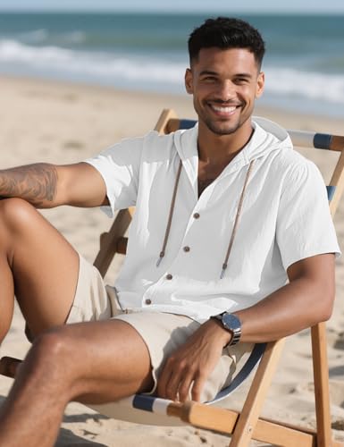 Men's Cotton Linen Shirts Short Sleeve Casual Sweatshirts Button Down Summer Beach Shirts with Hoodies3