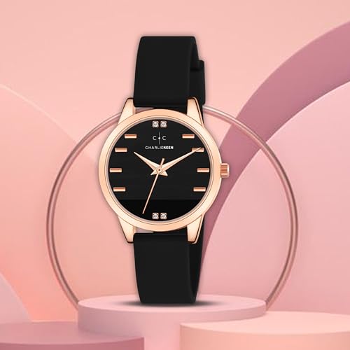 Image of CHARLIEKEEN Women's Elegant Watch with Rose Gold Case, Silicone Band, Crystal Accents, Analog Display