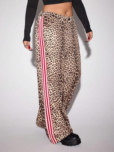 WDIRARA Women's Plus Size Leopard Print Baggy Pants High Rise Elastic Waist Side Strip Trousers4