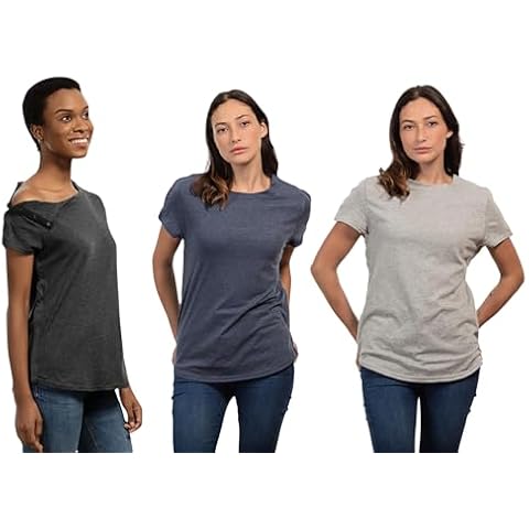 MAI Post Surgery Shirts for Women - Recovery Short Sleeve Shirt with Easy Snaps on Sides and Full Arm Opening, Shoulder Surgery Shirt, Chemo Port Access Shirt (Charcoal, Blue & Grey, Large) Cover