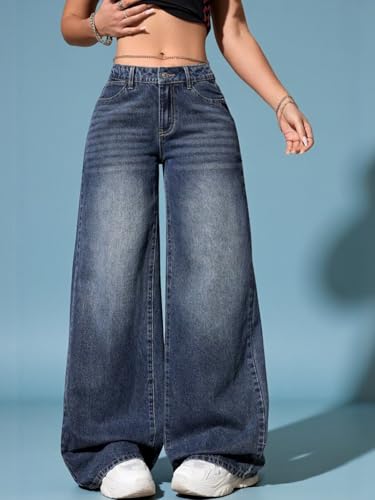 Image of KOTTY Women's Wide Leg Denim Jeans | Relaxed Fit High Rise Fashion Jeans for Casual Wear