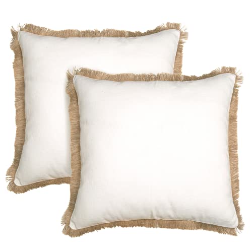 Whitewrap Throw Pillow Covers With Burlap Fringes | 18X18” Pack Of 2 Beige | Decorative Farmhouse Pillow Case #TOP18