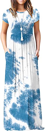 Image of EUOVMY Women's Short Sleeve Loose Plain Maxi Dresses Casual Vacation Long Dresses with Pockets