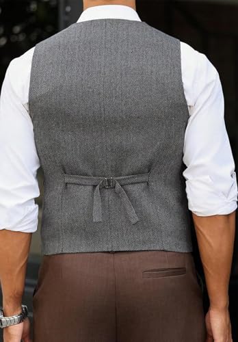 Men's Retro Herringbone Vest Single Breasted Tweed Blended Business Waistcoat with Pockets4