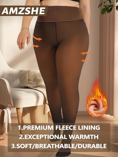 Image of Plus Size Fleece Lined Tights Women, Control Top Thermal Tights for Women, Fake Translucent Winter Warm Tights