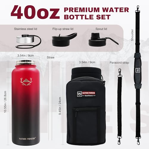 Image of NATURE PIONEOR 40 oz Insulated Water Bottle with Carrier Bag & 3 Lids