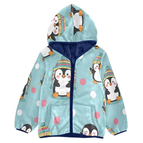 Cute Penguins with Colorful Hats Toddler Fleece Jacket Girl Boys Hooded Fleece Jacket Coat Warm Outwear Zip-up 3-10T