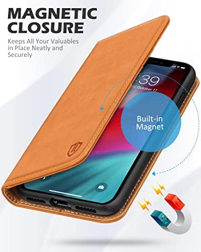 SHIELDON Case for iPhone XR, Genuine Leather Wallet Case with[RFID Blocking][Viewing Stand][TPU Shell][Card Slots] Folio Case Compatible with iPhone XR (6.1 inches), Brown
