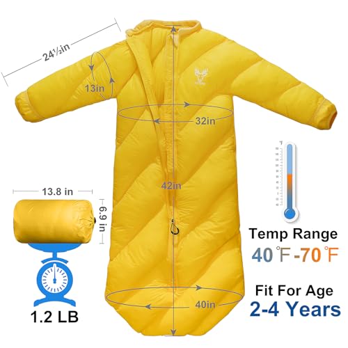 Bolsa de dormir para niños AZITREK T40, tamaño infantil, color amarillo, forma momia, para edades 2-4 años, ligera, compacta y resistente al agua miniatura 2