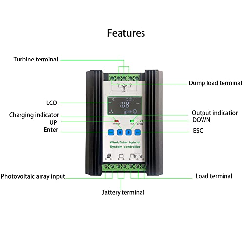 SolaMr 1000W Solarladeregler Wind Energy Solar Hybrid Laderegler 12V/24V Automatische Identifikation mit LCD Display - Wind: 600W + Solar: 400W