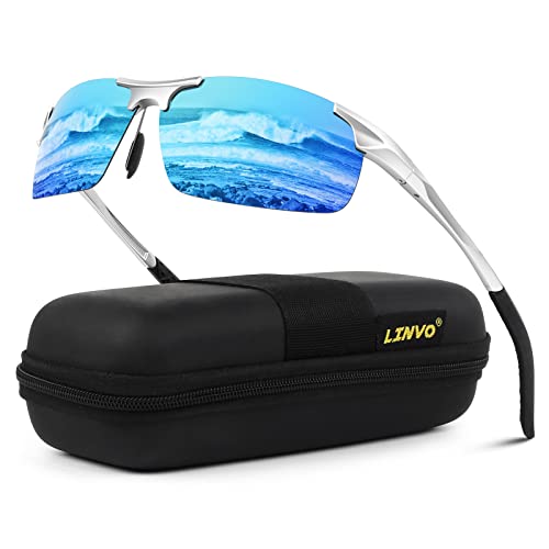 LINVO Mens Blue Mirrored Sports Sunglasses Polarized Sunglasses UV Protection Ultralight Al-Mg Frame Driving Cycling Fishing Sun Glasses