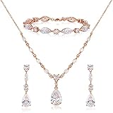 SWEETV Bridal Jewelry Set for Wedding, Cubic Zirconia Necklace Dangle Drop Earrings Bracelet Set, Teardrop Marquise Brides Bridesmaids Wedding Prom Anniversary Jewelry Gifts for Women
