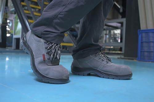 Image of Karam FS64 Suede Grey Leather Safety Shoes for Men | Double Density, Steel Toe | Black PU Mid Sole,|Antistatic, Antislip, Oil & Heat Resistant | Grey