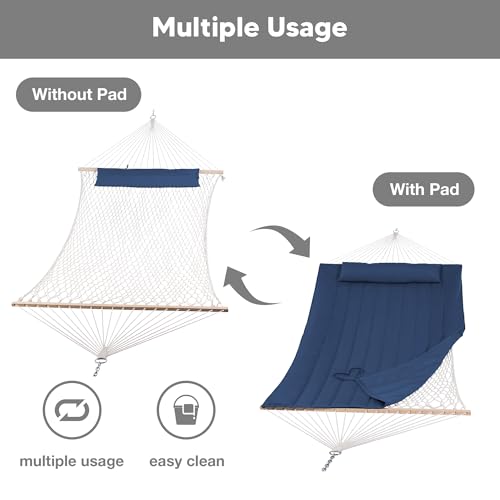 Image of SUNCREAT Hammocks Outdoor Double Hammock with Hardwood Spreader Bar, 475 lbs Capacity, Heavy Duty 15 FT Hammock with Large Soft Pillow, Dark Blue