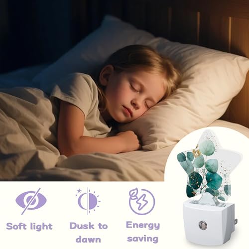 Image of Eucalyptus Gree Night Lights Plug Into Wall Decorative,Gold Foil Nightlight with Dusk Sensor for Bathroom,Kitchen,Entryway,Room Accent,Gifts
