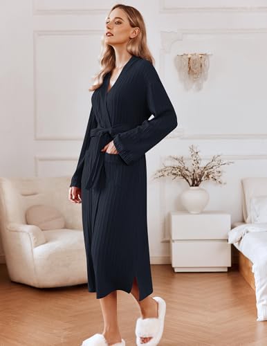 Ekouaer Robes for Women Waffle Knit Bathrobe Lightweight Long Kimono Spa Robe Soft Loungewear with Pockets S-XXL2