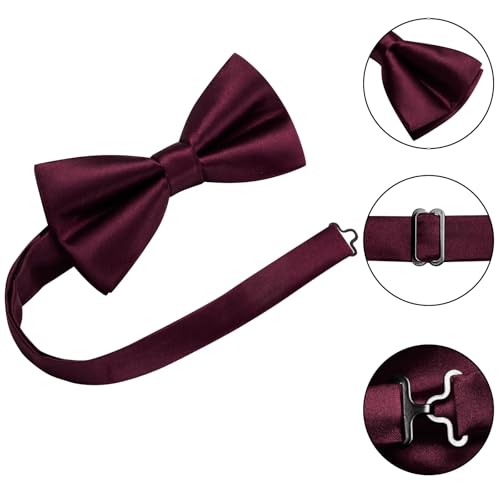 Image of Hi-Tie 5Pcs Mens Solid Color Silk Tie Satin Pretied Bowtie Lapel Pin for Men Handkerchief Cufflink Wedding Gift Box