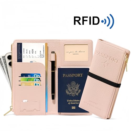 NQQNQQ RFID-Blocking Leather Travel Wallet & Passport Holder with Zipper Pocket, Card Slots, and Phone Compartment – Waterproof Travel Organizer for Women & Men. TG-1 (Pink) — view 5